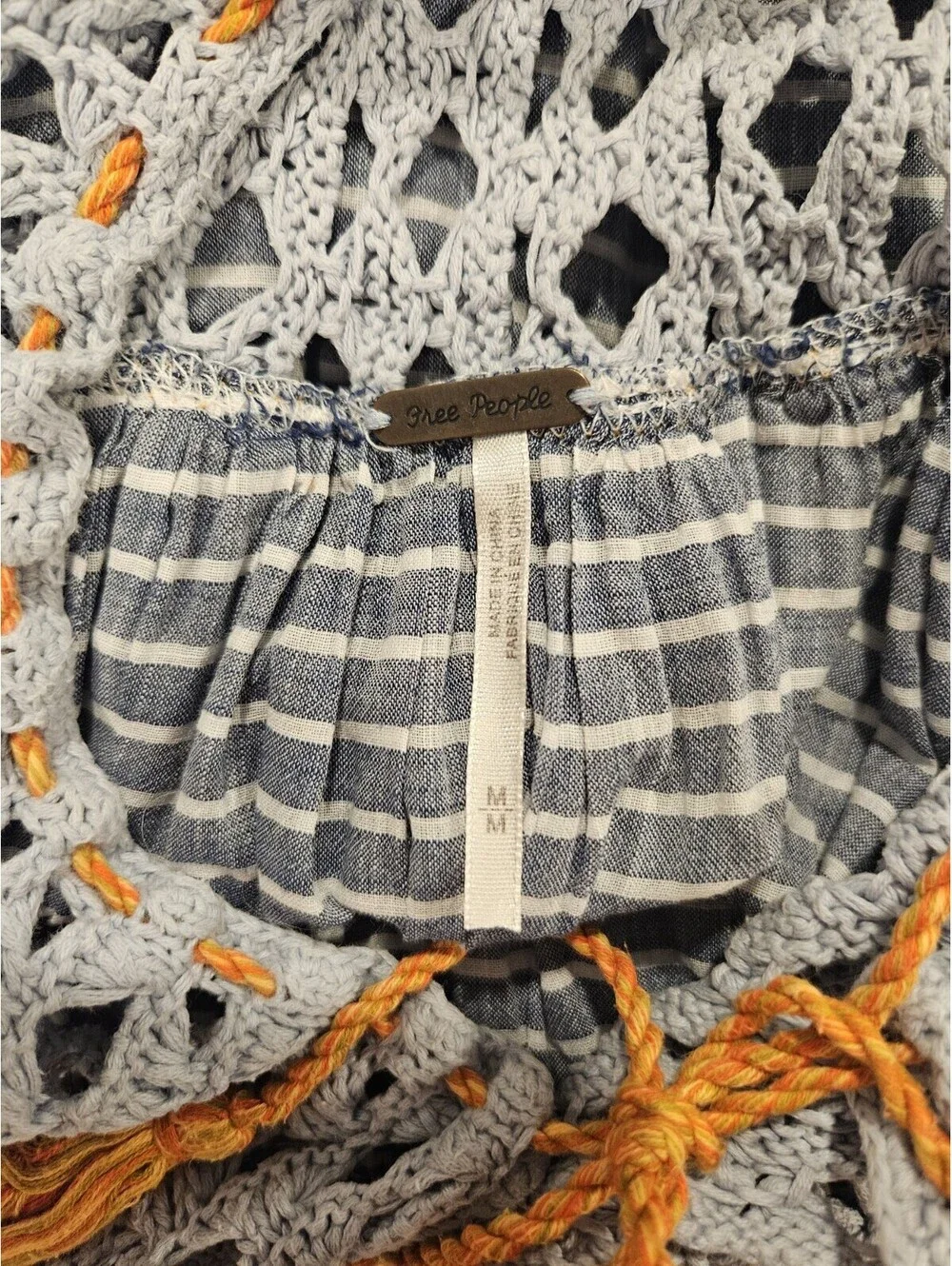 Free People Medium Allora Blue Striped Ruffle Sleeve Crochet Cropped Shirt